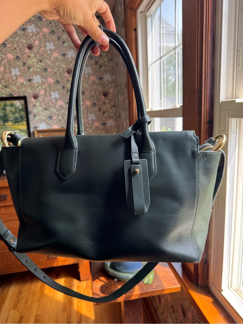 J. Crew Hunter Green Leather Satchel with Top Handles and Crossbody Strap